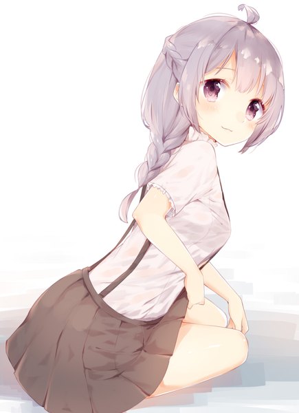 Anime picture 1128x1556 with original manatsuki manata single long hair tall image looking at viewer fringe simple background smile white background sitting payot ahoge braid (braids) pleated skirt pink eyes grey hair skirt hold girl skirt
