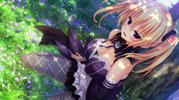 Anime picture 1920x1080 with nora to oujo to noraneko heart patricia of end oozora itsuki single long hair blush fringe highres breasts open mouth blonde hair wide image large breasts sitting twintails looking away game cg cleavage pink eyes from above