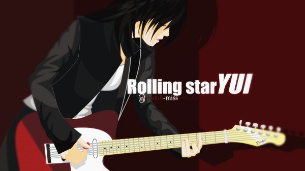 Anime picture 2400x1349 with real life yui yoshioka single long hair highres black hair simple background wide image eyes closed lips open clothes open jacket character names brown background playing instrument girl jacket headphones musical instrument guitar