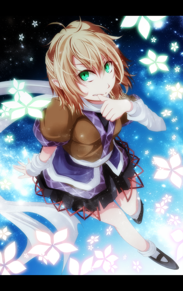 Anime picture 1890x3000 with touhou mizuhashi parsee s-syogo single tall image looking at viewer highres short hair blonde hair green eyes pointy ears finger to mouth girl dress flower (flowers) scarf