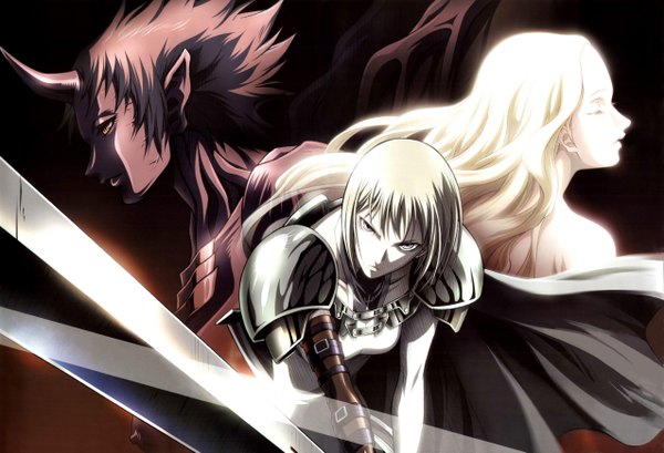 Anime picture 5100x3484 with claymore madhouse clare (claymore) teresa priscilla (claymore) long hair highres short hair blonde hair multiple girls yellow eyes absurdres eyes closed horn (horns) pointy ears grey eyes girl sword armor 3 girls