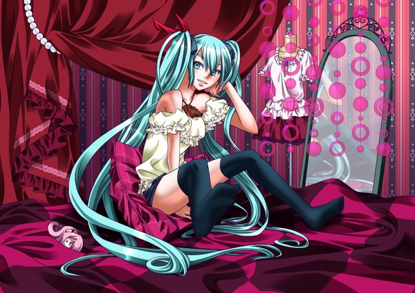 Anime picture 3372x2384 with vocaloid world is mine (vocaloid) hatsune miku megurine luka takoluka showko highres smile sitting twintails bare shoulders absurdres very long hair aqua eyes aqua hair arm support reflection striped vector girl