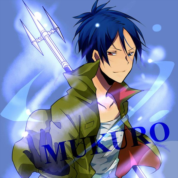 Anime picture 1000x1000 with katekyou hitman reborn rokudo mukuro matsurinnu single looking at viewer short hair simple background smile blue hair inscription open clothes open jacket heterochromia blue background boy weapon jacket trident