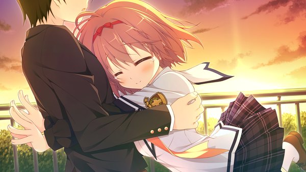 Anime picture 1280x720 with clover day's blush short hair brown hair wide image game cg eyes closed couple hug tears evening sunset girl boy skirt uniform school uniform