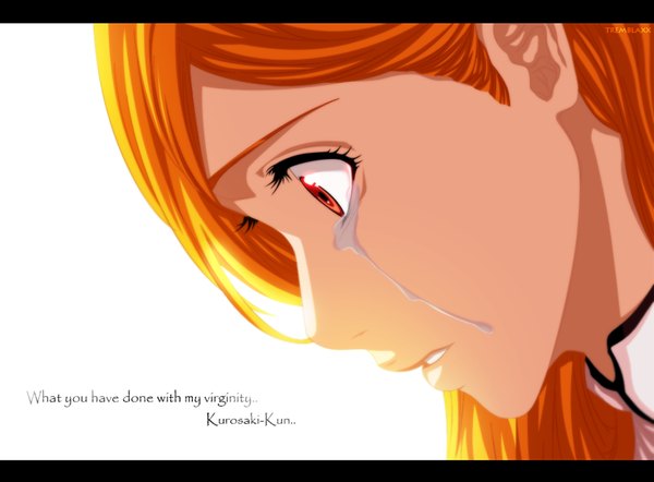 Anime picture 1000x737 with bleach studio pierrot inoue orihime tremblax single long hair white background profile orange hair inscription orange eyes tears coloring letterboxed close-up face girl