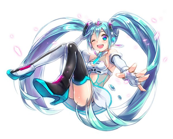 Anime picture 1000x806 with vocaloid goodsmile racing hatsune miku racing miku racing miku (2012) yamori (stom) single looking at viewer blush open mouth simple background white background very long hair one eye closed aqua eyes wink aqua hair weightlessness girl gloves