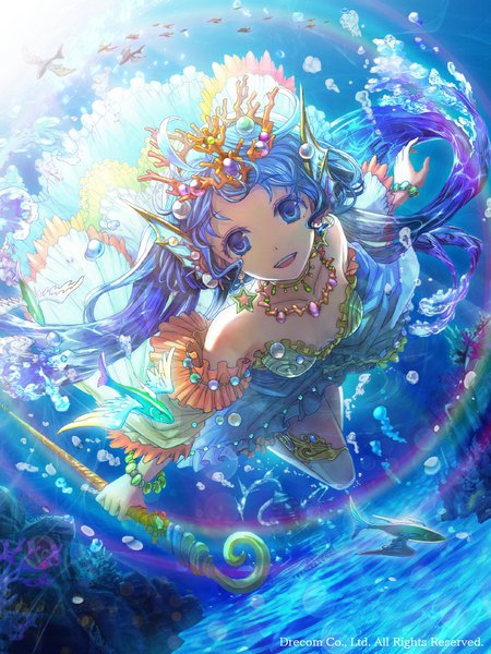 Anime picture 720x960 with original gakou torigumi single long hair tall image looking at viewer open mouth blue eyes smile bare shoulders holding blue hair underwater girl animal necklace fish (fishes) staff rainbow coral