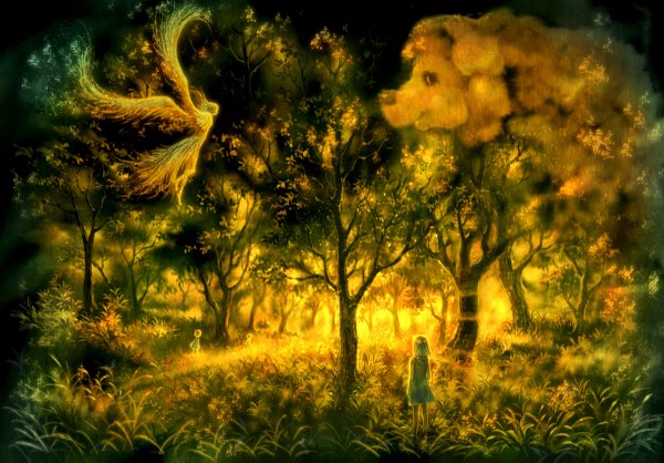 Anime picture 1200x837 with original shirakaba toshiharu (artist) light smoke fairy girl plant (plants) wings tree (trees) forest child (children)