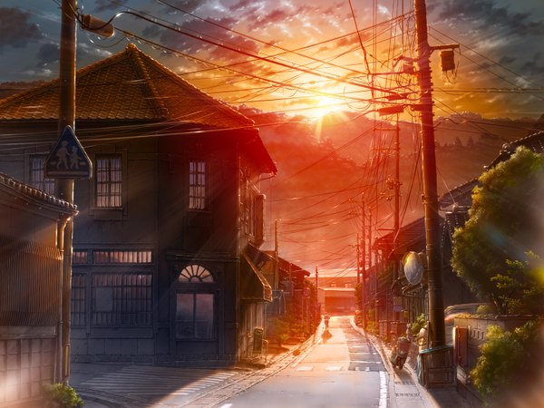 Anime picture 1440x1080 with original kashi takahisa sky cloud (clouds) city evening sunset mountain plant (plants) tree (trees) ground vehicle sun wire (wires) dog car motorcycle sign