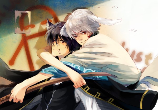 Anime picture 3543x2480 with gintama sunrise (studio) sakata gintoki hijikata toshiro a-boo looking at viewer highres short hair black hair smile red eyes purple eyes animal ears absurdres silver hair animal tail cat ears bunny ears bunny tail clothes on shoulders