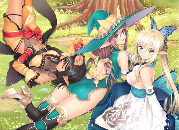 Anime picture 1817x1318 with shining (series) shining resonance kirika towa alma rinna mayfield beatrice irma tony taka long hair looking at viewer blush fringe short hair breasts open mouth blue eyes light erotic black hair blonde hair smile hair between eyes brown hair