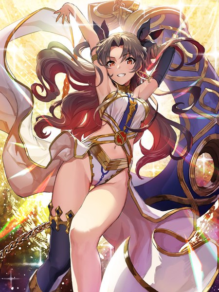 Anime picture 2165x2887 with fate (series) fate/grand order ishtar (fate) teffish single long hair tall image looking at viewer blush highres light erotic red eyes brown hair arms up sparkle armpit (armpits) two side up dutch angle thigh gap groin