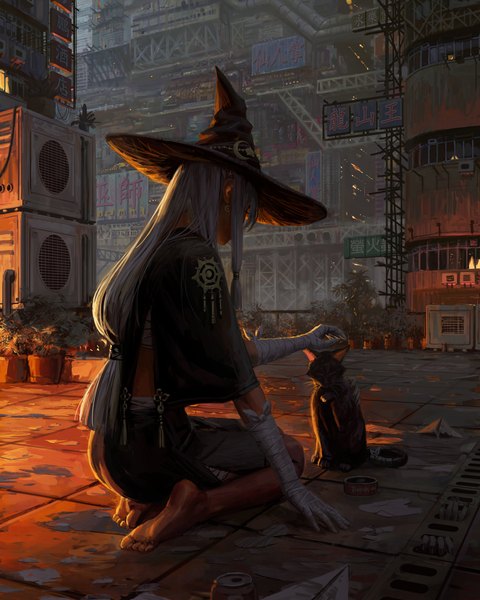 Anime picture 5498x6873 with original guweiz single long hair tall image highres sitting absurdres silver hair full body outdoors barefoot grey hair soles witch girl plant (plants) hat earrings animal