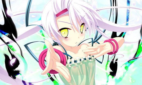 Anime picture 1024x614 with twinkle crusaders twinkle crusaders -passion star stream- illear long hair wide image twintails yellow eyes game cg white hair girl hair ornament bracelet hairclip sundress