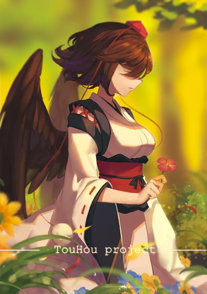 Anime picture 1000x1421 with touhou shameimaru aya liuli (llc) single tall image short hair breasts brown hair standing holding long sleeves parted lips profile sunlight wide sleeves copyright name black wings hair over eyes girl flower (flowers)