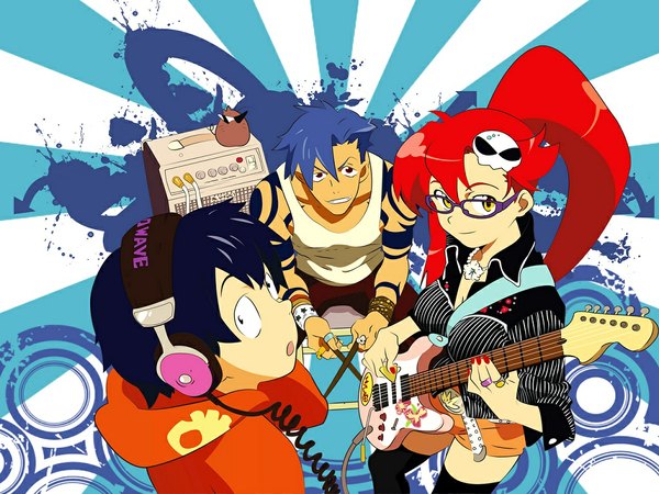 Anime picture 1024x768 with tengen toppa gurren lagann gainax simon kamina boota casual band glasses headphones musical instrument guitar drum amplifier