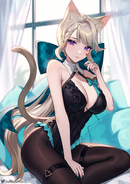 Anime picture 848x1200 with genshin impact lynette (genshin impact) helloimtea single long hair tall image looking at viewer breasts light erotic large breasts sitting purple eyes signed animal ears tail nail polish animal tail grey hair cat ears cat girl