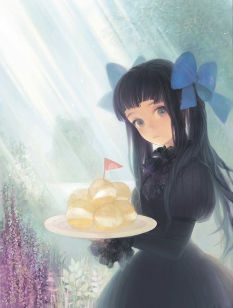 Anime picture 1150x1515 with original matayoshi single long hair tall image looking at viewer black hair black eyes girl dress bow plant (plants) hair bow food sweets black dress flag