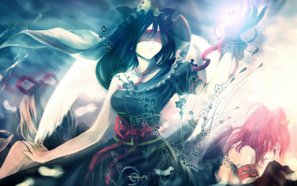 Anime picture 1280x800 with touhou onozuka komachi shikieiki yamaxanadu medicine melancholy tagme (artist) long hair fringe short hair black hair blonde hair wide image twintails multiple girls pink hair eyes closed profile wind blurry short sleeves alternate costume