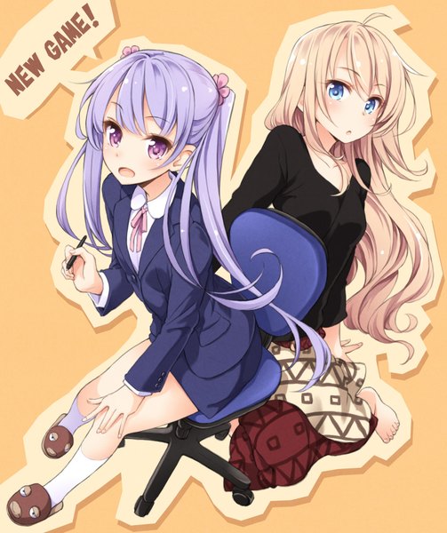 Anime picture 838x1000 with new game! doga kobo suzukaze aoba yagami kou tokunou shoutarou long hair tall image looking at viewer blush fringe open mouth blue eyes simple background blonde hair purple eyes twintails multiple girls purple hair ahoge copyright name