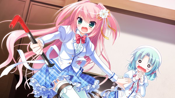 Anime picture 1024x576 with harumade kururu long hair blush open mouth wide image multiple girls green eyes blue hair pink hair game cg girl thighhighs skirt uniform 2 girls school uniform miniskirt white thighhighs