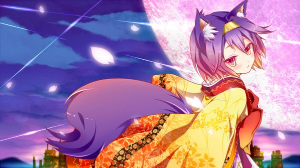 Anime picture 1200x675 with no game no life madhouse hatsuse izuna madam shiki single looking at viewer blush short hair red eyes wide image animal ears purple hair tail traditional clothes japanese clothes animal tail fox ears fox tail :< girl
