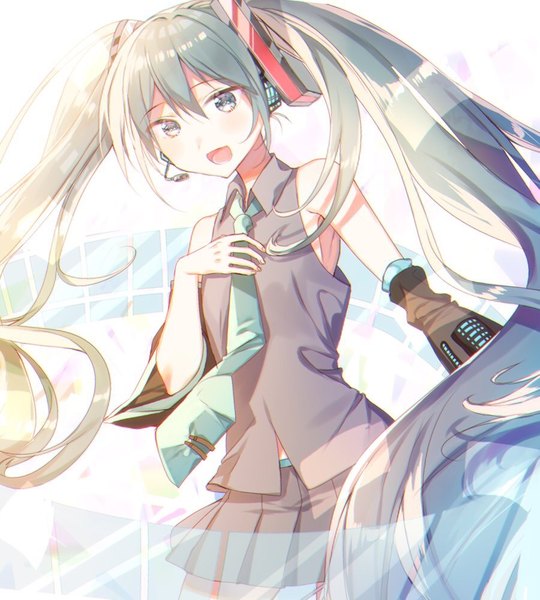 Anime picture 900x1000 with vocaloid hatsune miku uta (pixiv17531280) single tall image blush fringe open mouth hair between eyes twintails very long hair aqua eyes aqua hair hand on chest looking down singing adjusting necktie girl detached sleeves necktie