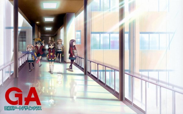 Anime picture 2560x1600 with ga geijutsuka art design class nozaki namiko oomichi miyabi noda miki yamaguchi kisaragi tomokane long hair highres short hair open mouth black hair brown hair wide image multiple girls brown eyes sunlight reflection yawn girl uniform