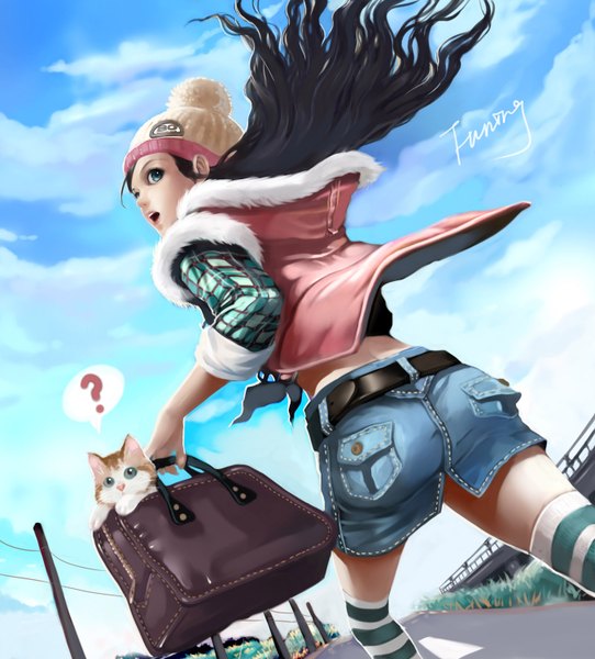 Anime picture 1356x1500 with original bobo1983 long hair tall image open mouth blue eyes black hair from behind running girl thighhighs skirt hat miniskirt animal cat bag striped thighhighs vest jeans