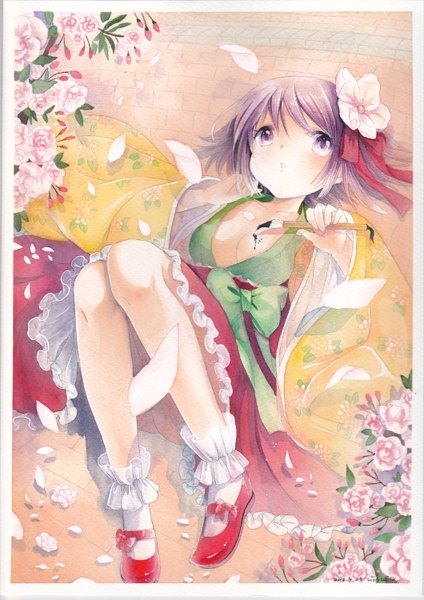 Anime picture 1060x1500 with touhou hieda no akyuu mosho single tall image blush short hair light erotic purple eyes signed cleavage purple hair lying traditional clothes japanese clothes hair flower traditional media watercolor (medium) girl hair ornament