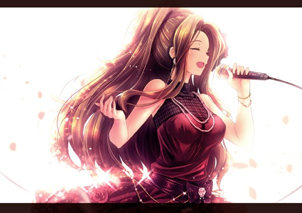 Anime picture 1082x765 with idolmaster idolmaster million live! pixiv nikaidou chizuru ima (lm ew) single long hair blush fringe open mouth brown hair white background bare shoulders ponytail eyes closed wind outstretched arm happy singing girl
