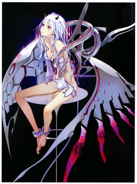 Anime picture 3992x5335 with million arthur (series) kaku-san-sei million arthur square enix nil (artist) single long hair tall image highres breasts light erotic red eyes absurdres white hair scan no panties dark background mechanical wings girl detached sleeves bodysuit