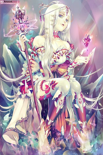 Anime picture 667x1000 with dark134 single long hair tall image blue eyes sitting bare shoulders holding bent knee (knees) white hair parted lips barefoot girl hair ornament choker jewelry staff crystal ice