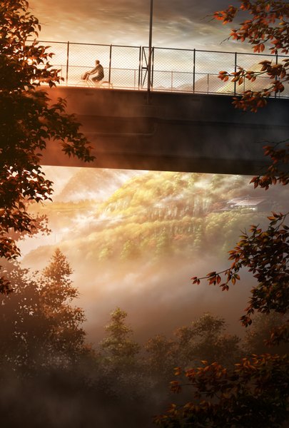 Anime picture 1000x1480 with original kashi takahisa tall image short hair brown hair mountain fog boy plant (plants) tree (trees) leaf (leaves) ground vehicle bridge bicycle