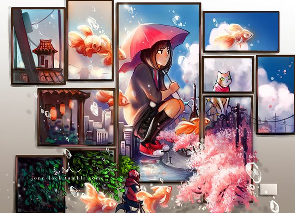 Anime picture 800x578 with original jon-lock (artist) short hair brown hair sitting brown eyes looking away sky cloud (clouds) red hair from behind sunlight cherry blossoms city cityscape girl boy plant (plants) animal tree (trees)