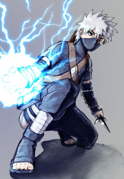 Anime picture 1387x2000 with naruto studio pierrot naruto (series) hatake kakashi single tall image short hair red eyes looking away white hair black eyes heterochromia lightning sharingan boy weapon mask kunai