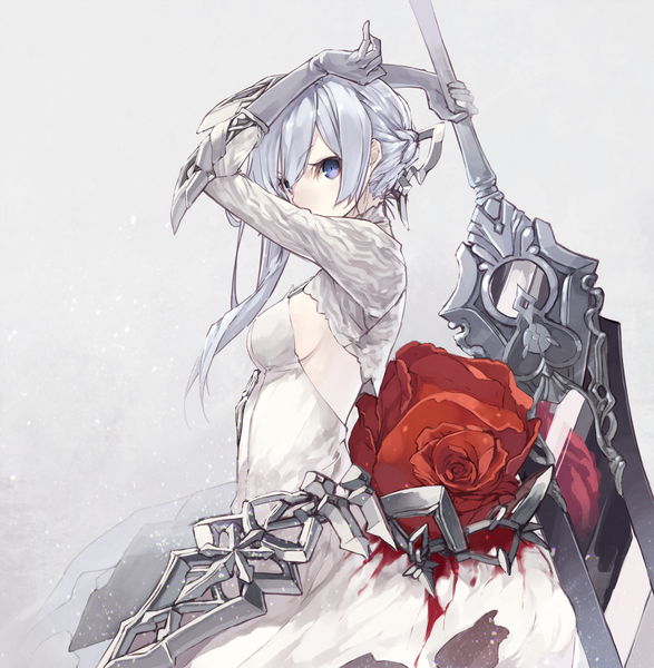 Anime picture 1467x1500 with sinoalice snow white (sinoalice) senmu single long hair tall image looking at viewer fringe breasts blue eyes light erotic simple background hair between eyes holding payot silver hair upper body arms up sideboob asymmetrical hair