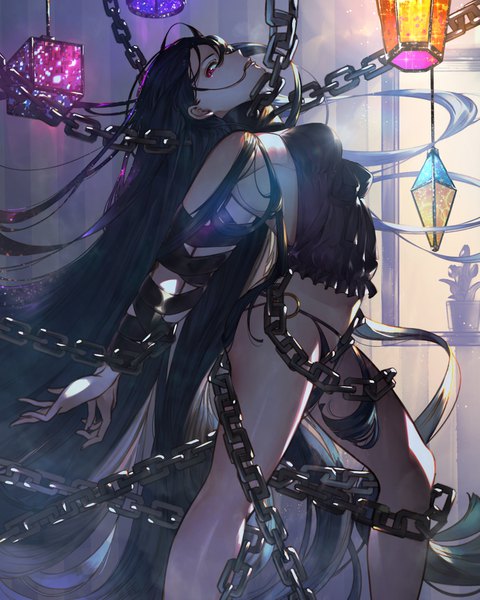 Anime picture 1333x1667 with original yurika0207 single tall image looking at viewer fringe breasts open mouth light erotic black hair hair between eyes red eyes large breasts standing bare shoulders bent knee (knees) very long hair sunlight bare legs arched back