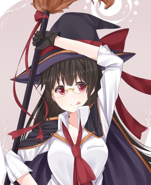 Anime picture 1000x1224 with kantai collection choukai heavy cruiser yukichi (sukiyaki39) single long hair tall image looking at viewer black hair red eyes girl gloves hat shirt black gloves glasses necktie witch hat broom