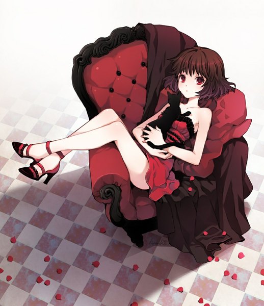 Anime picture 864x1000 with original nardack tall image looking at viewer short hair red eyes brown hair bare shoulders bare legs high heels sleeveless hug crossed legs reclining checkered floor girl dress animal petals cat