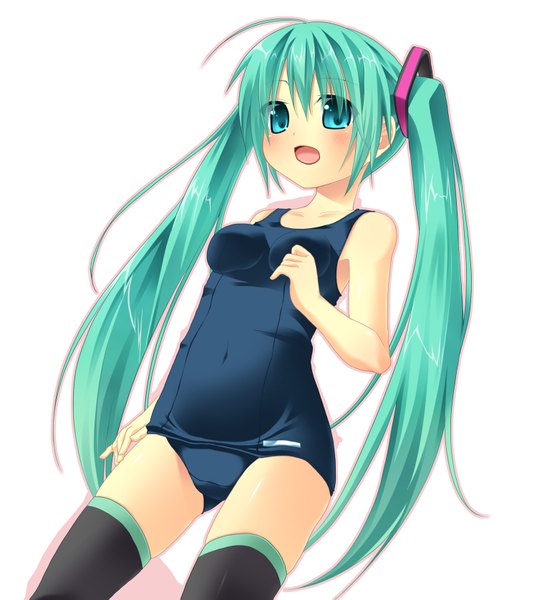 Anime picture 1500x1677 with vocaloid hatsune miku hanamiya natsuka single tall image open mouth light erotic simple background white background twintails very long hair aqua eyes aqua hair girl thighhighs black thighhighs swimsuit one-piece swimsuit school swimsuit