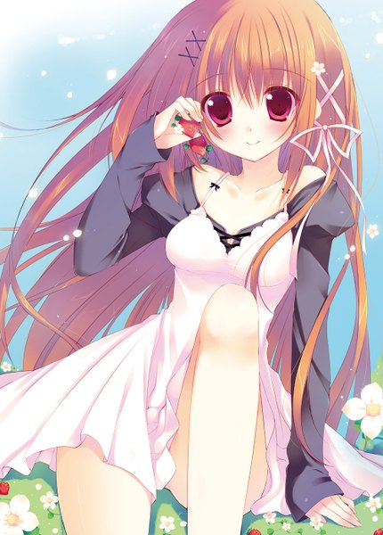 Anime picture 1000x1396 with original sakura hanpen single long hair tall image blush red eyes orange hair girl dress hair ornament flower (flowers) ribbon (ribbons) hair ribbon food x hair ornament berry (berries) strawberry