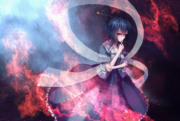 Anime picture 1100x743 with touhou kaku seiga someya mai single fringe short hair blue eyes hair between eyes blue hair from above short sleeves puffy sleeves finger to mouth girl frills fire flame hairpin (hairpins) shawl