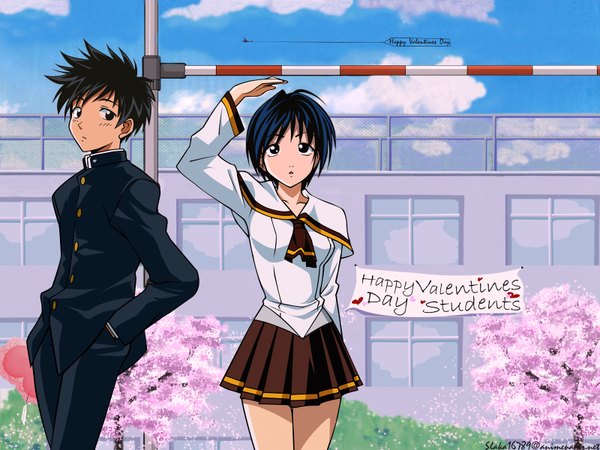 Anime picture 1600x1200 with suzuka asahina suzuka looking at viewer short hair signed blue hair cloud (clouds) outdoors pleated skirt arm up cherry blossoms valentine hands in pockets girl boy skirt uniform school uniform building (buildings)