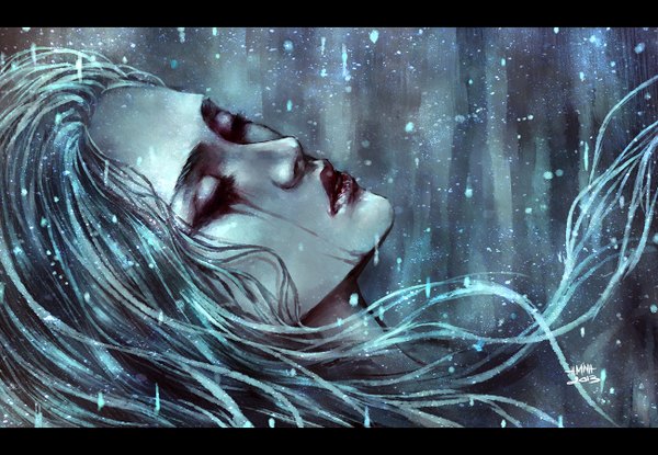 Anime picture 1300x900 with original nanfe single long hair blush signed silver hair eyes closed profile realistic lipstick tears portrait letterboxed sleeping red lipstick girl