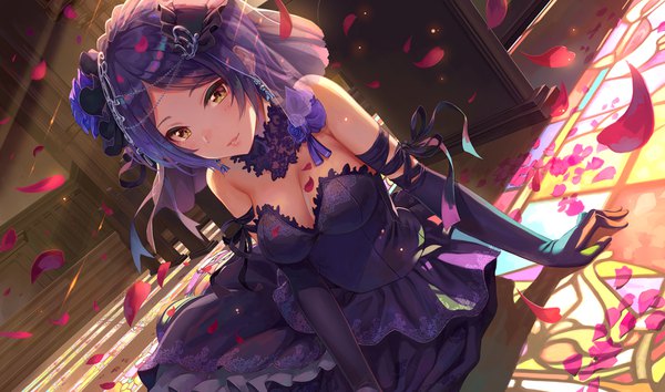 Anime picture 1576x930 with idolmaster idolmaster cinderella girls hayami kanade terumii single looking at viewer short hair breasts wide image sitting bare shoulders yellow eyes looking away cleavage purple hair indoors parted lips light smile arm support shadow