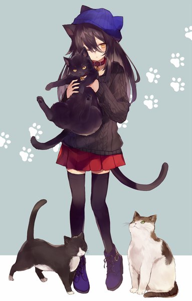 Anime picture 700x1095 with original shugao single long hair tall image looking at viewer blush fringe black hair simple background hair between eyes standing holding brown eyes animal ears full body tail animal tail pleated skirt one eye closed