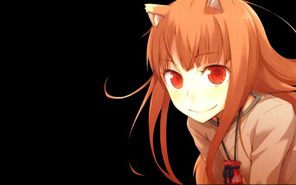 Anime picture 1440x900 with spice and wolf horo single long hair simple background smile red eyes brown hair wide image animal ears black background wolf ears wolf girl girl