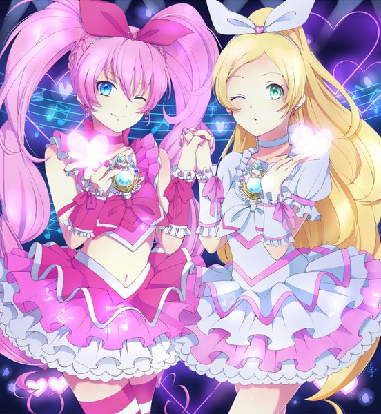 Anime picture 1400x1520 with precure toei animation cure melody cure rhythm long hair tall image blue eyes blonde hair smile twintails multiple girls green eyes pink hair nail polish one eye closed wink holding hands girl thighhighs skirt