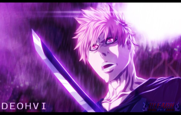 Anime picture 1280x813 with bleach studio pierrot kurosaki ichigo deohvi single short hair open mouth looking away pink hair traditional clothes japanese clothes pink eyes inscription coloring light letterboxed pain boy weapon sword